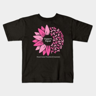 Breast cancer support squad with flower, ribbons & white type Kids T-Shirt